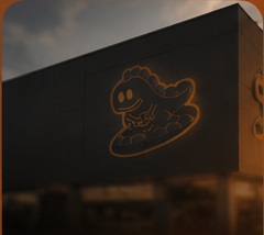 Imagem conceitual da próxima loja: a marca do Madi em letreiro de neon laranja numa fachada escura